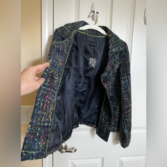 Navy Blue, Multi-Plaid Textured Tweed Retro Blazer/Jacket w/ portrait collar. - Picture 4 of 13